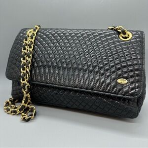 Bally Quilted Clutch Bag With Goldtone Black Leather Chain- Double Flap Vintage